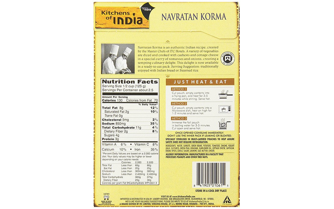 Kitchens Of India Mixed Vegetable Curry With Cottage Cheese Navratan Korma   Box  285 grams